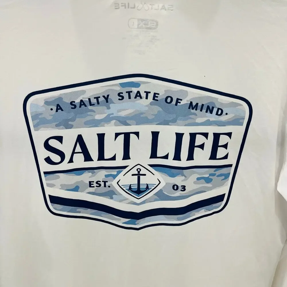 Salt Life Performance Hoodie Shirt Men Large L White Long Sleeve Sun Fishing UPF
